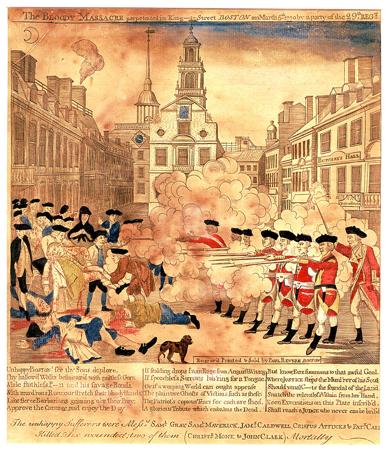 The Bloody Massacre perpetrated in King Street Boston on March 5th, 1770, by Paul Revere according to an engraving from Henry Pelham and colorization by Benjamin Edes
